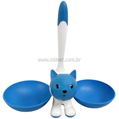 Comedouro Duplo De Gato Azul E Branco